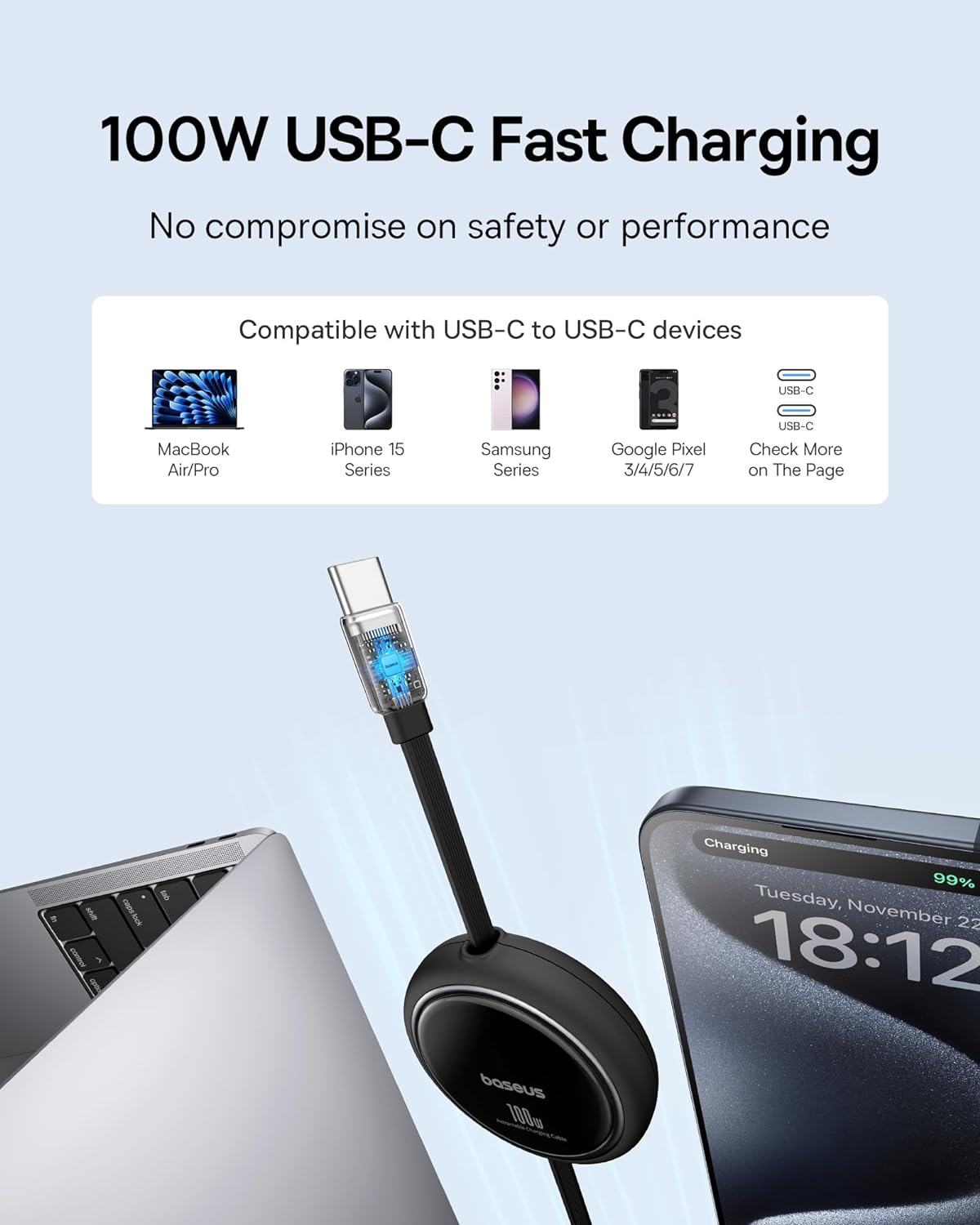 Baseus USB C Cable, Mini 100W Retractable USB C to USB C PD 5A Fast Charging Cable, 4-Stage Length Preset USB Type C Charger Cable — 3.3ft — Black