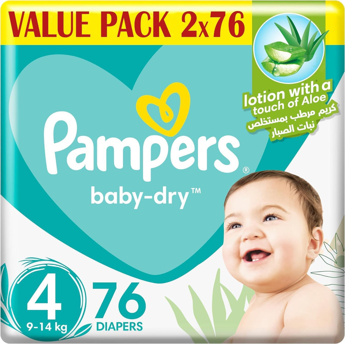 Pampers Baby Dry Taped Diapers with Aloe Vera Lotion, up to 100% Leakage Protection, Size 4, 9-14kg,152(76x2) count
