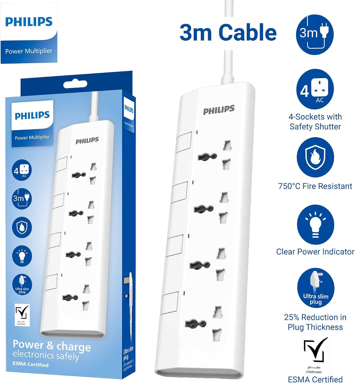Philips 4-Way Universal Power Extension Cord with Individual Switches (3M), 2500W Overload Protection, 750°C Fire-Resistant, 3x1mm² Heavy Duty Cable, 13A Fuse, ESMA Certified, UK Plug (4UV-3m) — White