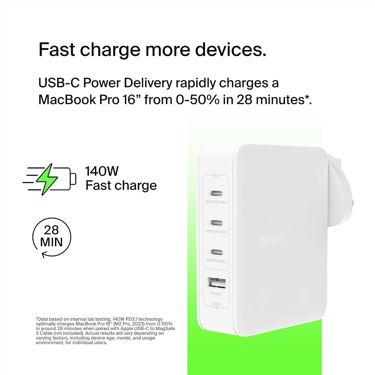 Belkin 140W 4-Port GaN Wall Charger, Multi-Port Travel Plug w/ USB-C Power Delivery Fast Charge & USB-A Port phone charger for iPhone, Samsung Galaxy, Google Pixel, iPad, MacBook, laptop, tablet, more