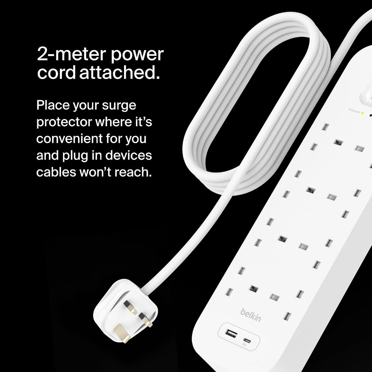 Belkin 8-Outlet Surge Protector Power Strip, Wall-Mountable with 8 AC Outlets, 2M Power Cord, & Green Indicator Light - USB-C Port & USB-A Port w/USB-C PD Fast Charging - 900 Joules of Protection