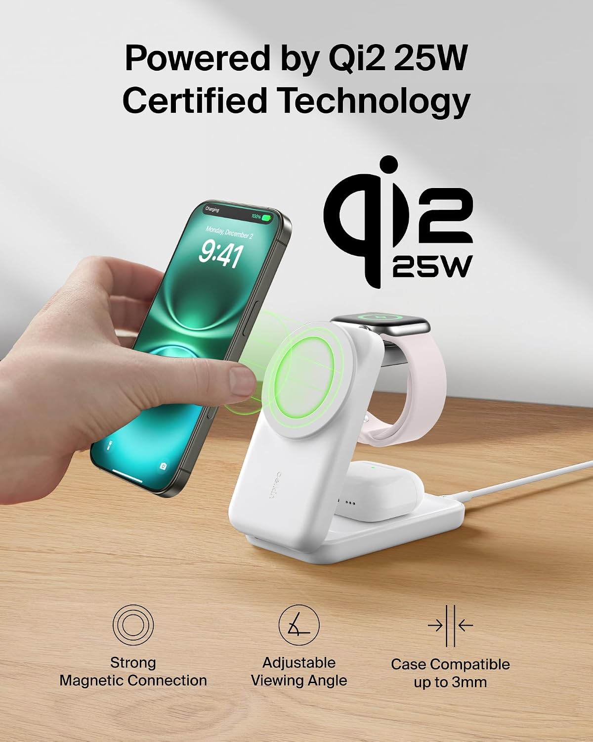 Belkin UltraCharge 3 in 1 Magnetic Wireless Charger with Qi2, 25W - White