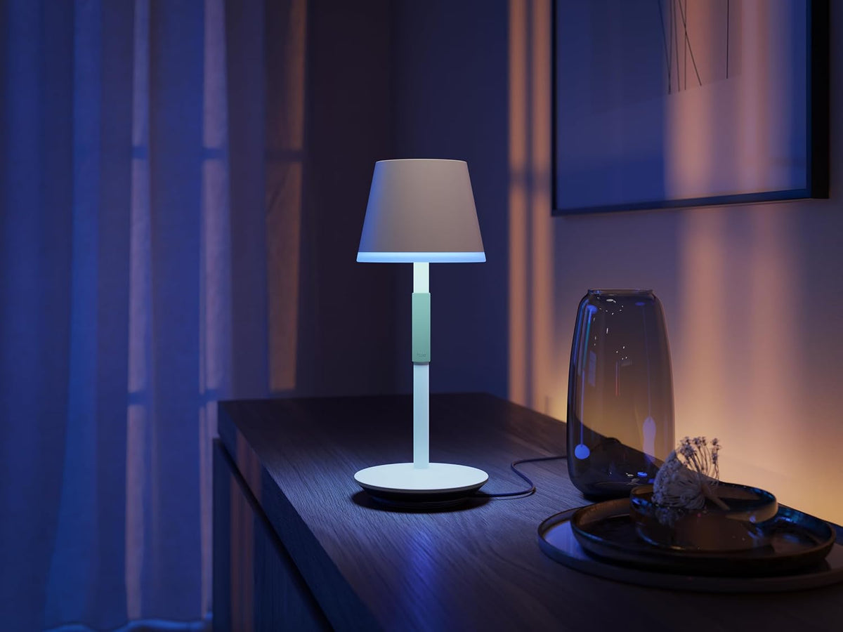 Philips Hue White & Color Ambiance Go Portable Table Lamp (530 lm), Dimmable Table Lamp for Hue Lighting System with 16 Million Colours, Smart Light Control via Voice or App, White — black