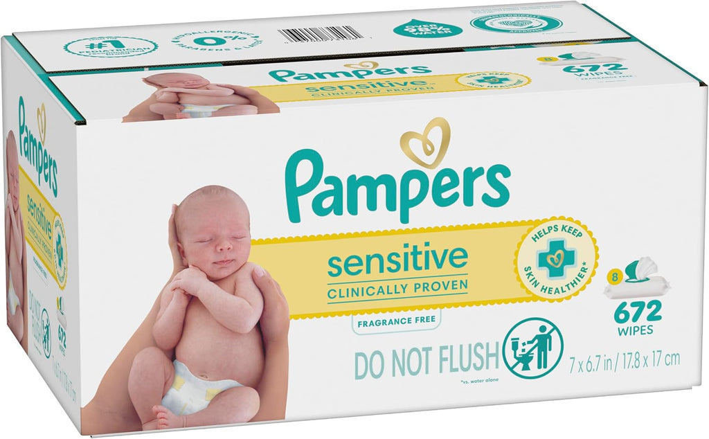 Pampers Sensitive Baby Wipes, Unscented, Fragrance Free, Clinically Proven, Water Based, Hypoallergenic, Multi-Use, Hand Wipes, 672 Wipes Total (12X Flip-Top Packs)