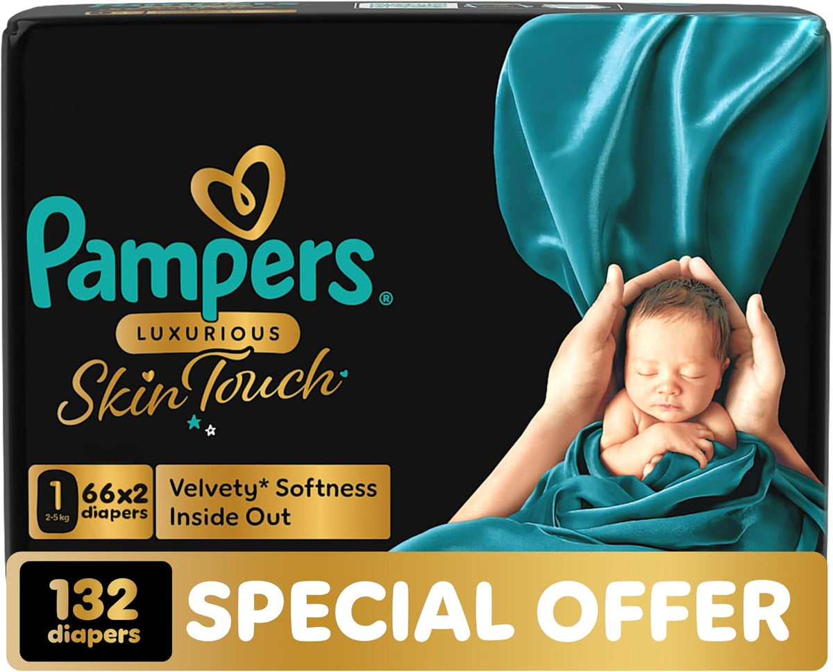 Pampers Luxurious Skin Touch Premium Diapers 2-5kg Size 1, 132 for Newborns
