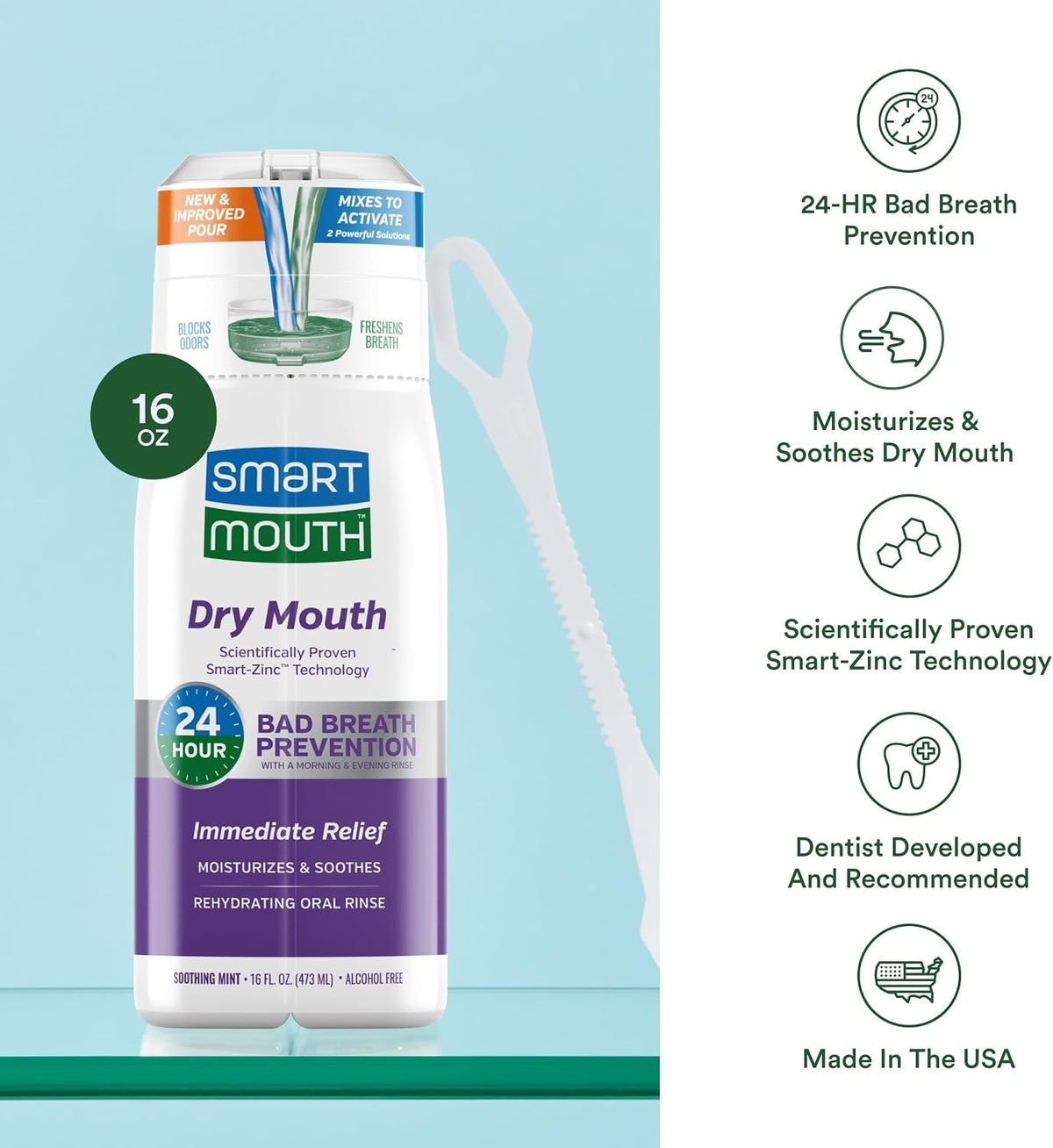 SmartMouth Dry Mouth Zinc Activated Mouthwash and Tongue Cleaner, 16 fl oz — additional product view 4