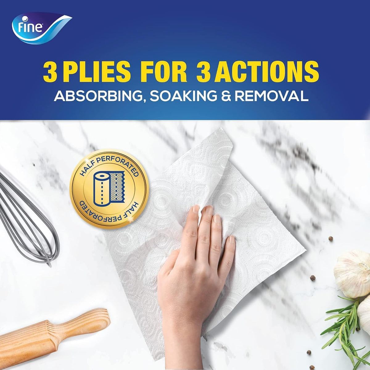 Fine Kitchen Paper Towel Roll, 60 Sheets X 3 Ply, 4 Rolls. Fine Super Pro, Sterilized Tissues For Germ Protection, Half Perforated (Pack of 2) — additional view 3