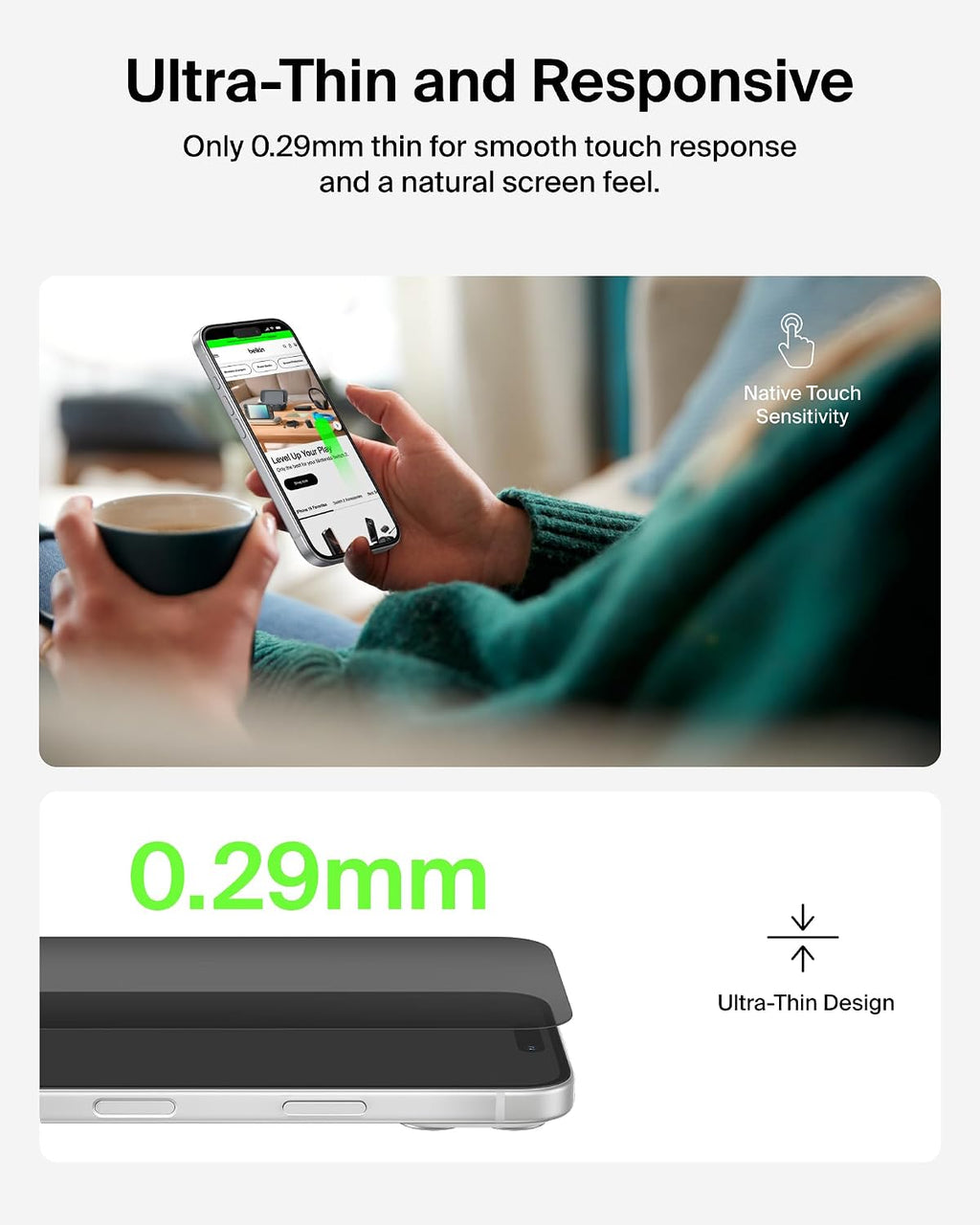 Belkin ScreenForce InvisiGlass iPhone Air Privacy Screen Protector, Scratch-Resistant Impact Protection, Easy Align Tray for Bubble Free Application Included, 9H Hardness Tested Recycled Glass