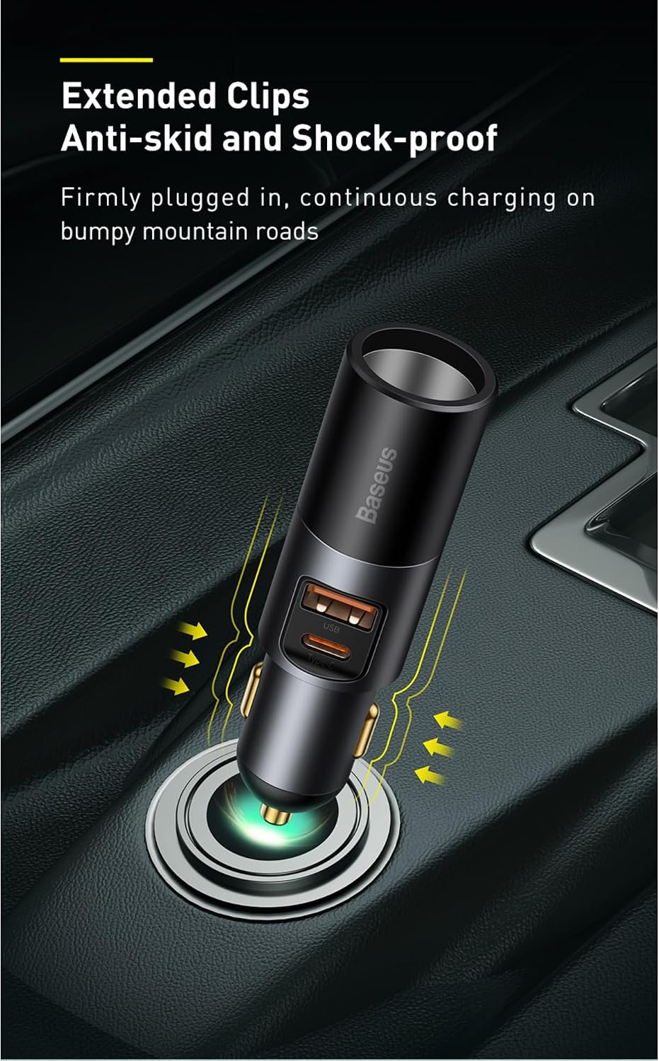 Baseus USB C Car Charger 120W Baseus Multi USB Fast Charging QC 3.0 & PD 3.0 30W+30W+60W 1 USB, 1 Type-C and Expansion Ports Cigrette Lighter for Smartphones/Tablets/Switch — Grey