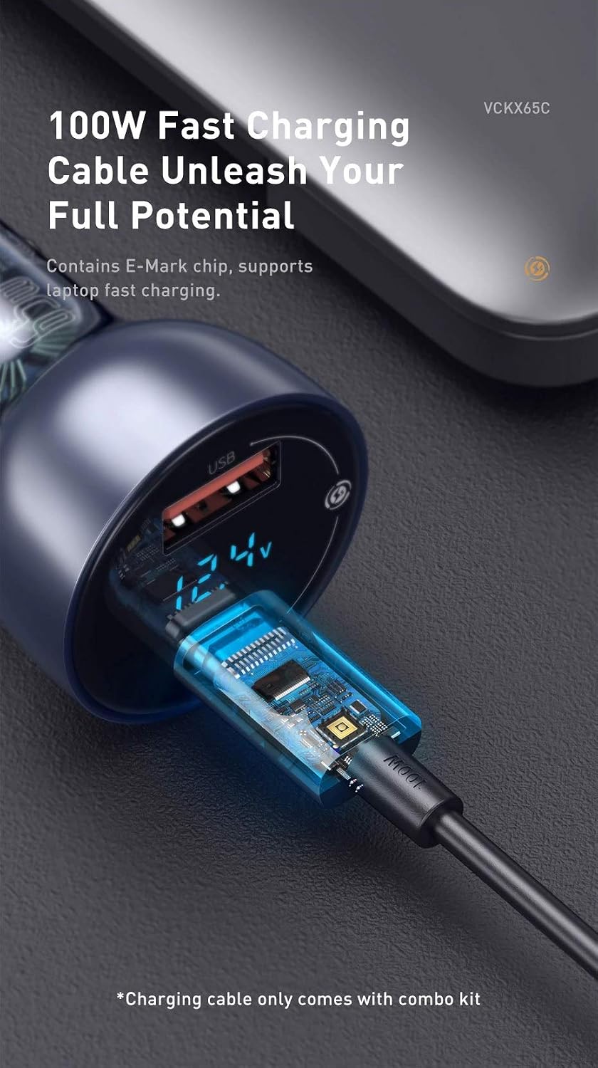 Baseus Particular Digital Display QC + PPS Dual Quick Charger Car Charger 65W With Mini White 1m 5A C-C Cable Black With E-mark ChLightning 1m 100W — 65W - C+A W/Cable — Black
