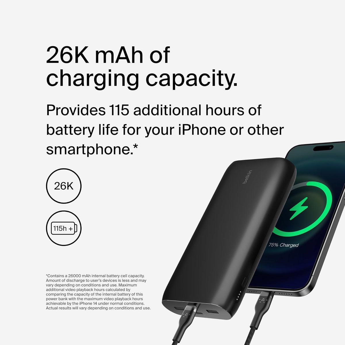 Belkin BoostCharge 26000mAh Power Bank Fast Charging with USB Ports - Black