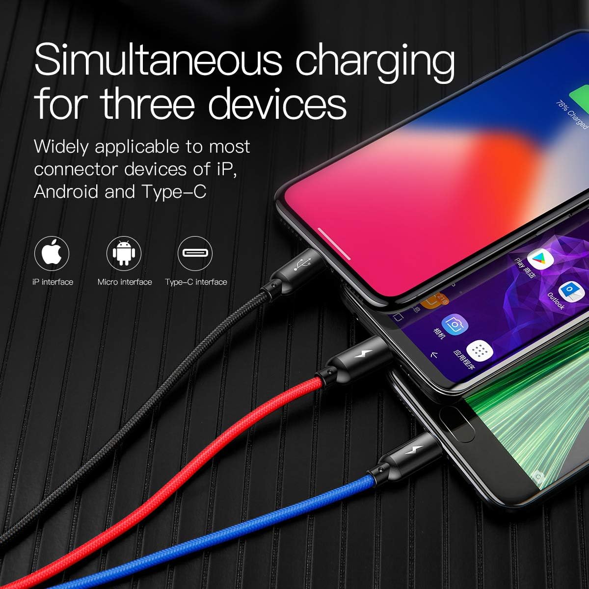 Baseus 3 in 1 USB Charging Cable Lighting Micro and Type C Three Primary Colors Data Sync Quick Charging — 30 Centimeters — Black