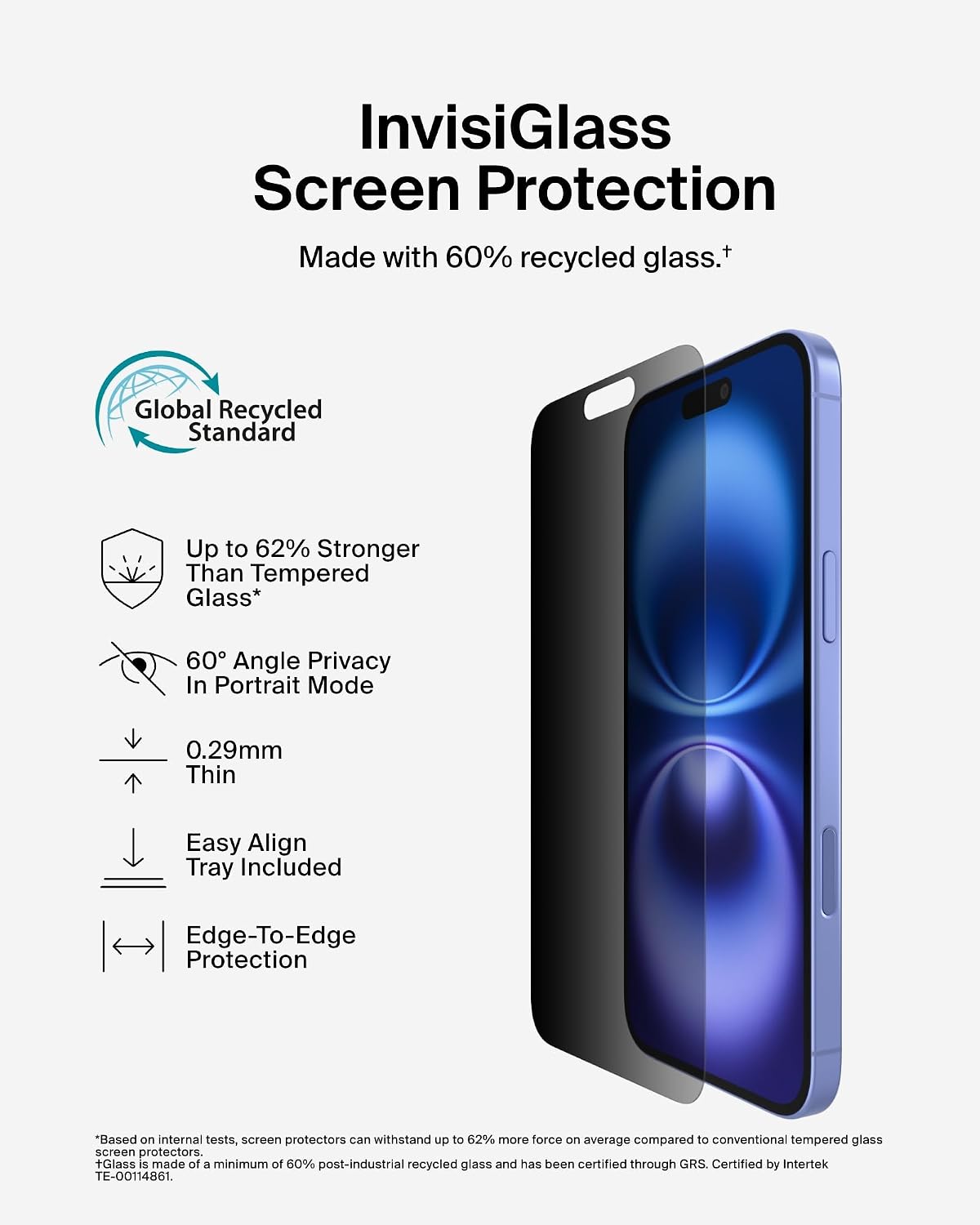 Belkin ScreenForce InvisiGlass iPhone 16 Plus Privacy Screen Protector, scratch-resistant, easy align tray for bubble free application, recycled glass for iPhone 16 Plus, iPhone 15 Plus, 14 Pro Max