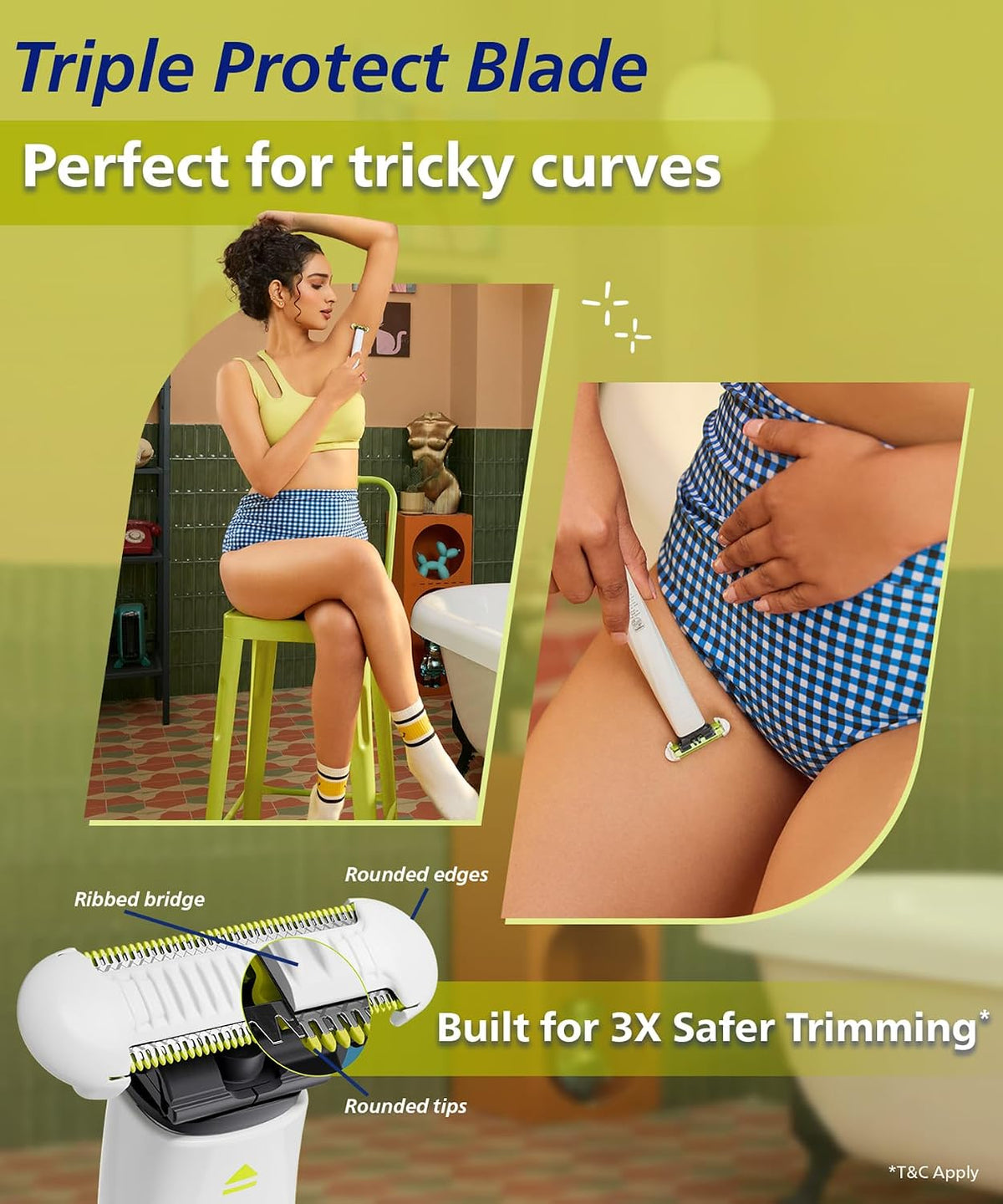 Philips OneBlade Intimate #1 Gynaec Recommended* — 2-in-1 Trimmer for Woman — 3X Safer Patented Tech — Bikini, Underarm, Private Part, Body trimmer — No post shave irritation, Painless, Waterproof — QP1924/20 — White