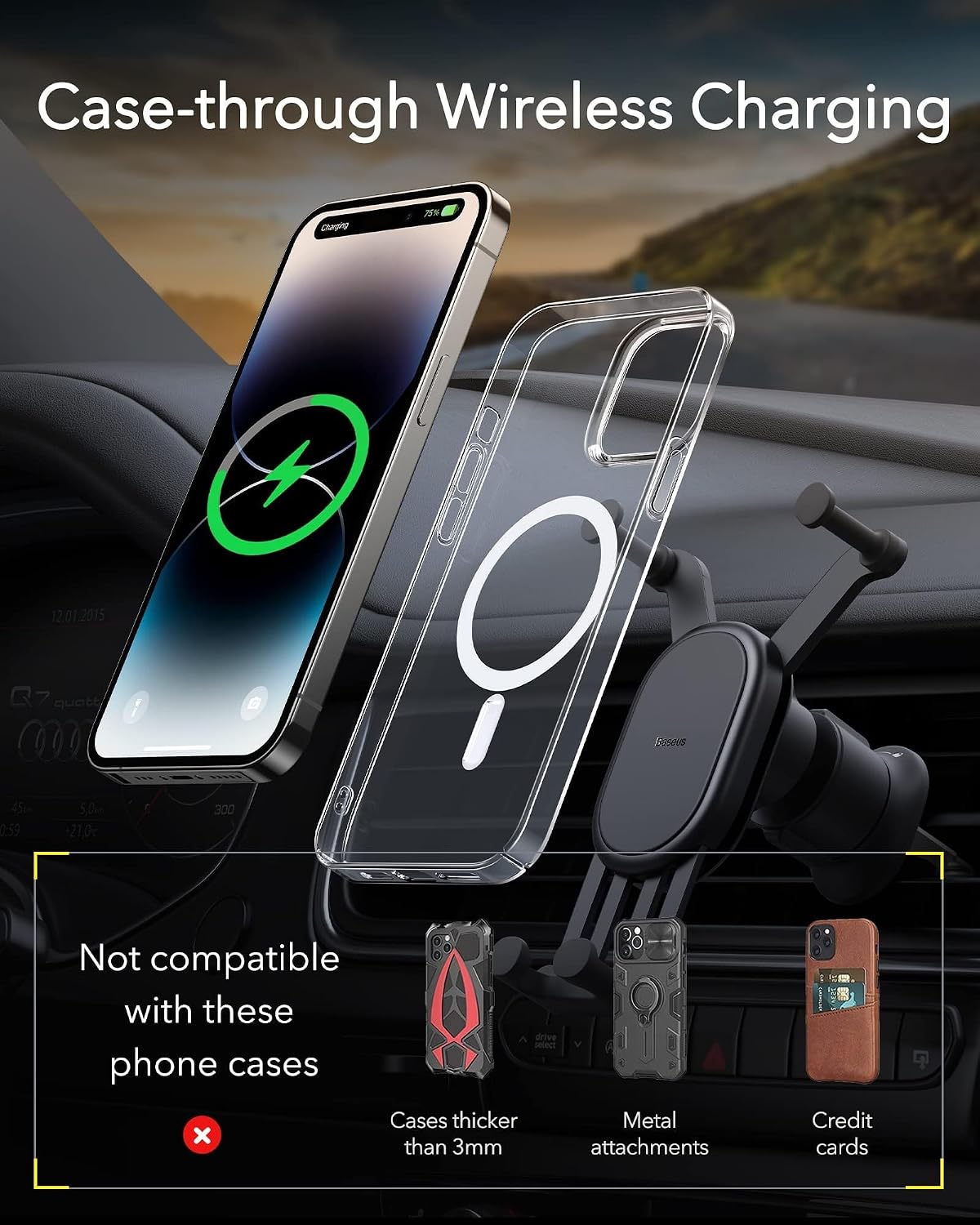Baseus Stable Gravitational 15W Wireless Car Charger, Rotatable Phone Holder for Air Vent, Car Phone Mount — Wireless-Auto Lock (SG) — Black