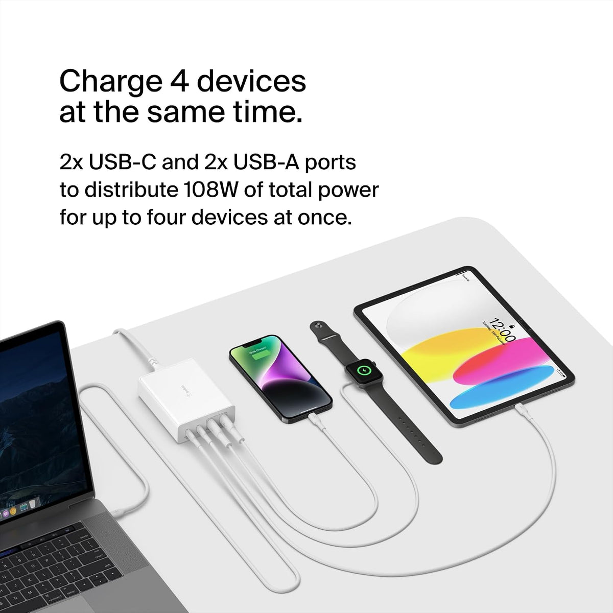 Belkin 108W GaN USB Charging Station for Multiple Devices, 2 USB Type C and 2 USB A Fast Desktop Charger Dock Hub for MacBook, Pro, Air, iPhone, Plus, Pro, Max, iPad, Samsung Galaxy, Pixel and More