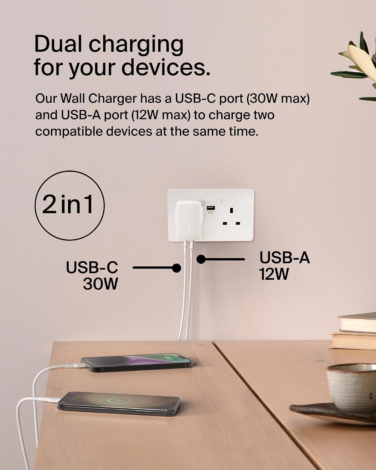 Belkin BoostCharge 42W Dual Port Wall Charger, USB-C + USB-A Charger Fast Charging for Apple iPhone 17, iPhone Air, 16, 15, 14, Samsung Galaxy S25, Pixel 10, iPad, AirPods, Tablet & More - White