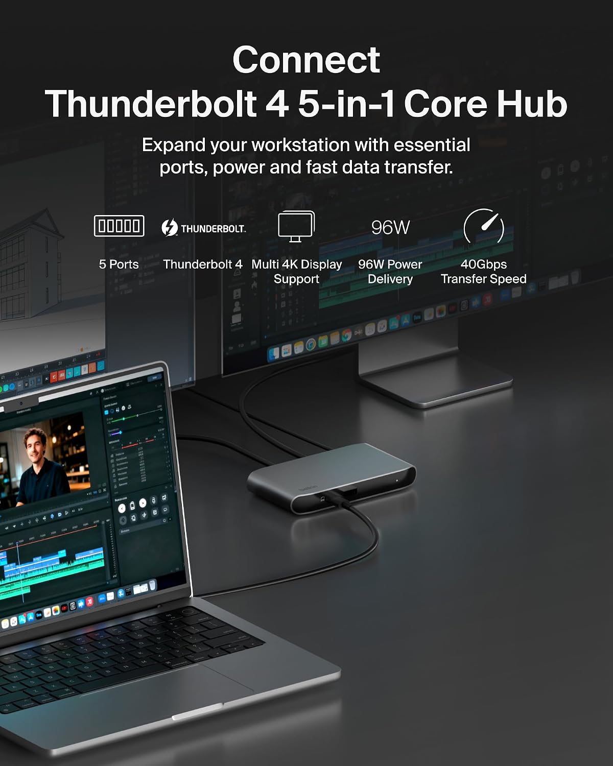 Belkin Connect Thunderbolt 4 Docking Station, 5-in-1 USB-C Multiport Core Hub w/ 96W Power Delivery for Mac, Windows, Single 8K or Dual 4K Display, Thunderbolt 4 Cable & Power Supply Included