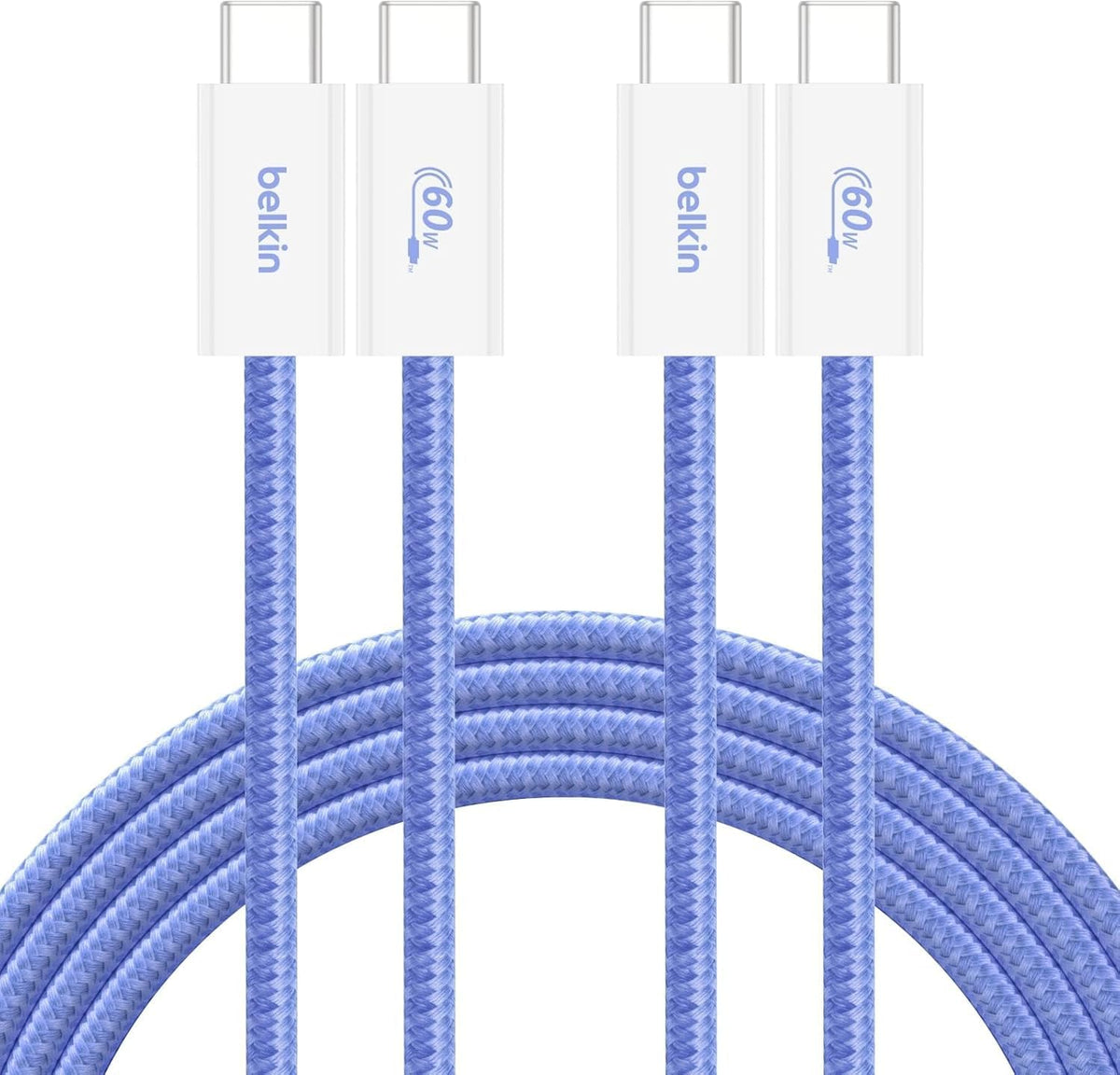 Belkin 2-Pack Braided USB-C to USB-C Cable 1.5m/5ft, 60W - Soft, Flexible Fast-Charging Cable, Type C Charger Cord for iPhone 17 & 16 Series, Galaxy S25, Pixel 9, iPad Pro, & More - Blue