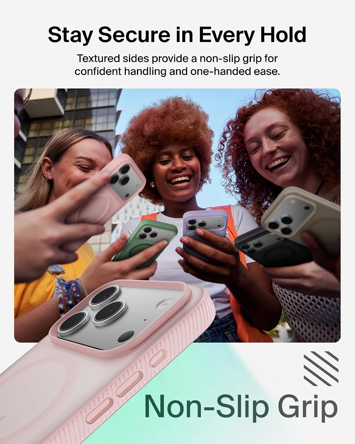 Belkin SheerForce Grip MagSafe Compatible iPhone 17 Pro Case with Slim Design & Anti-Slip Side Lines - Magnetic, Transparent, & Shockproof Protective iPhone Case - Pink