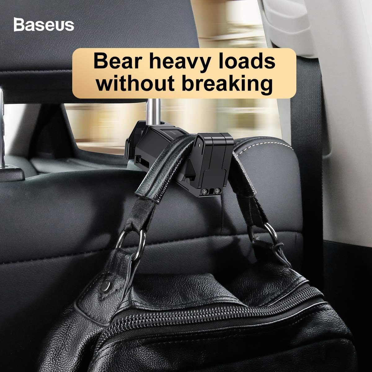 Baseus 2-in-1 Car Headrest Hook & Phone Holder | Backseat Hanger for Purses, Bags, Groceries (Up to 25kg) | Universal Foldable Rear Seat Mount — Black