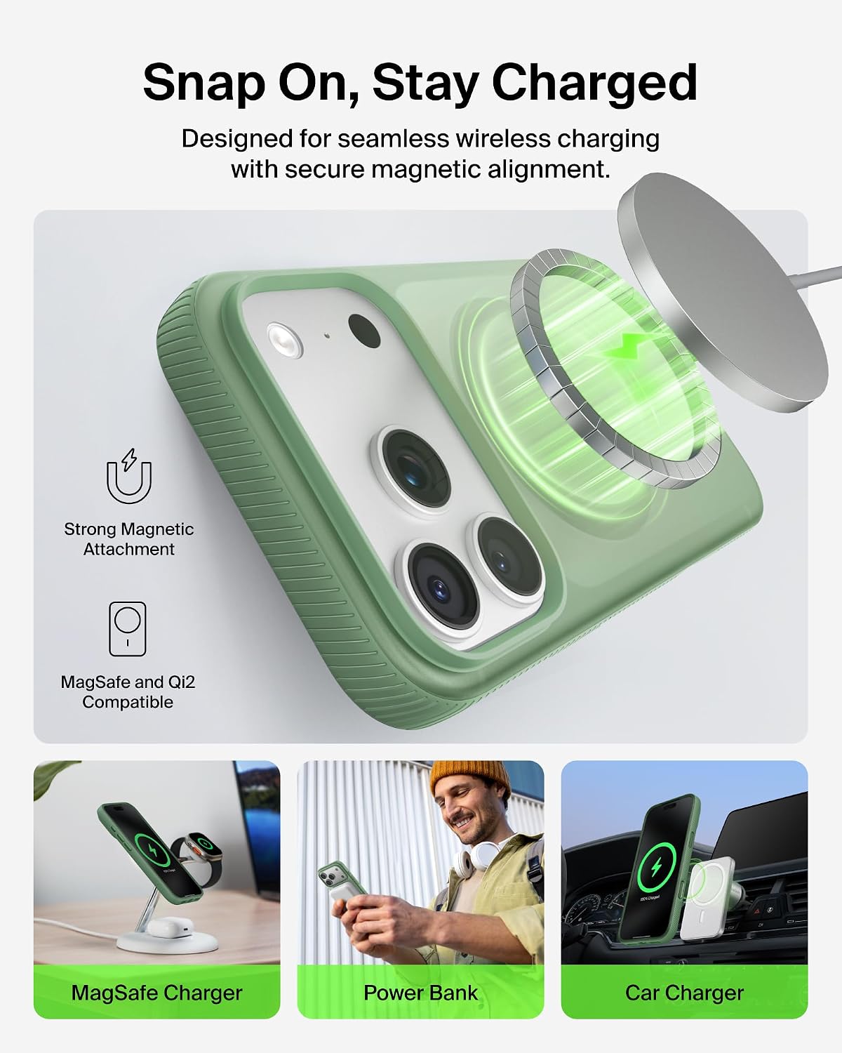 Belkin SheerForce Grip MagSafe Compatible iPhone 17 Pro Case with Slim Design & Anti-Slip Side Lines - Magnetic, Transparent, & Shockproof Protective iPhone Case - Sage