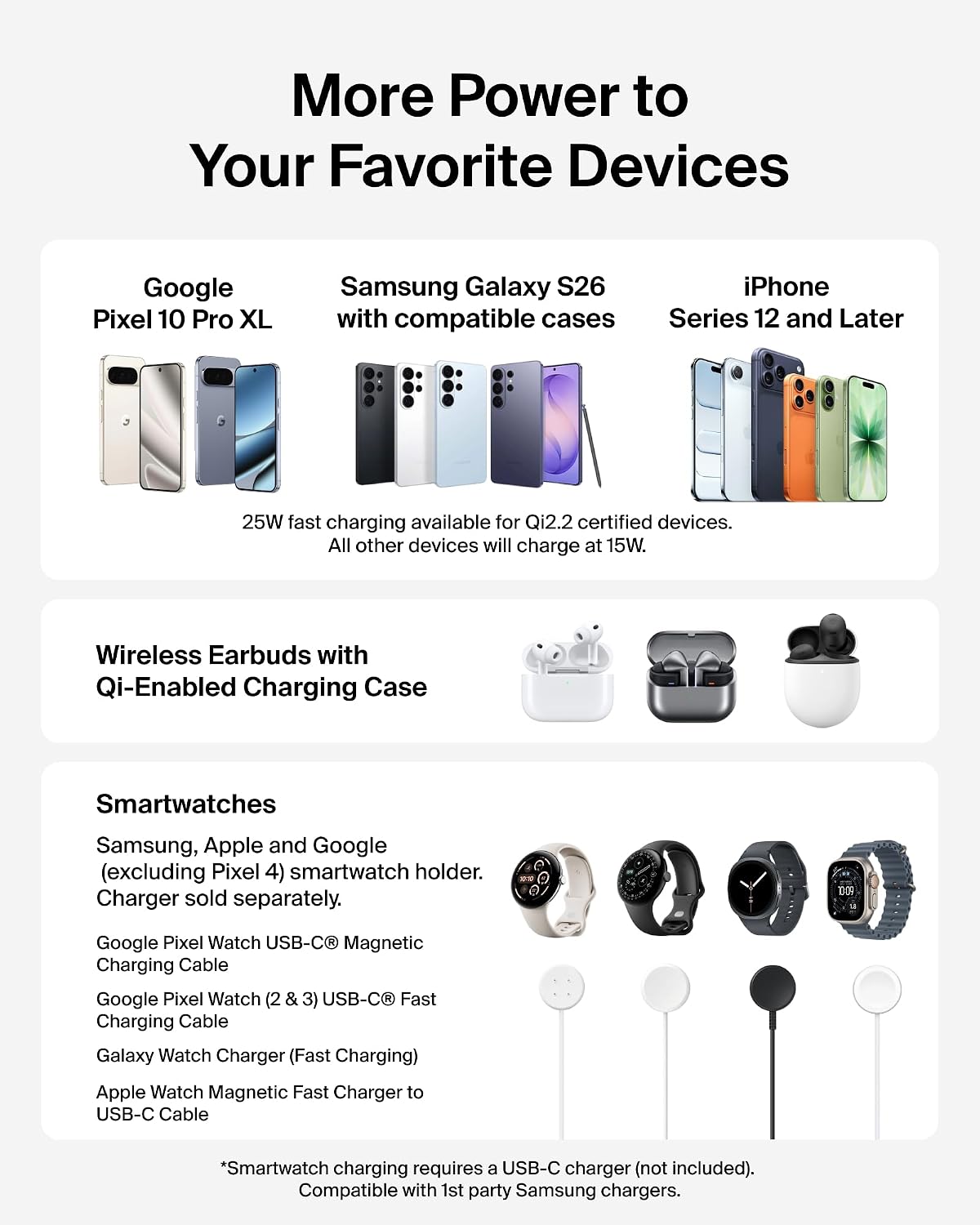 Belkin 3-in-1 Wireless Charging Station for Samsung Galaxy S26, Android - Qi2.2 25W Magnetic Charger for Pixel 10, iPhone 17, USB C Port for Galaxy, Pixel, & Apple Watch (Watch Charger Not Included)