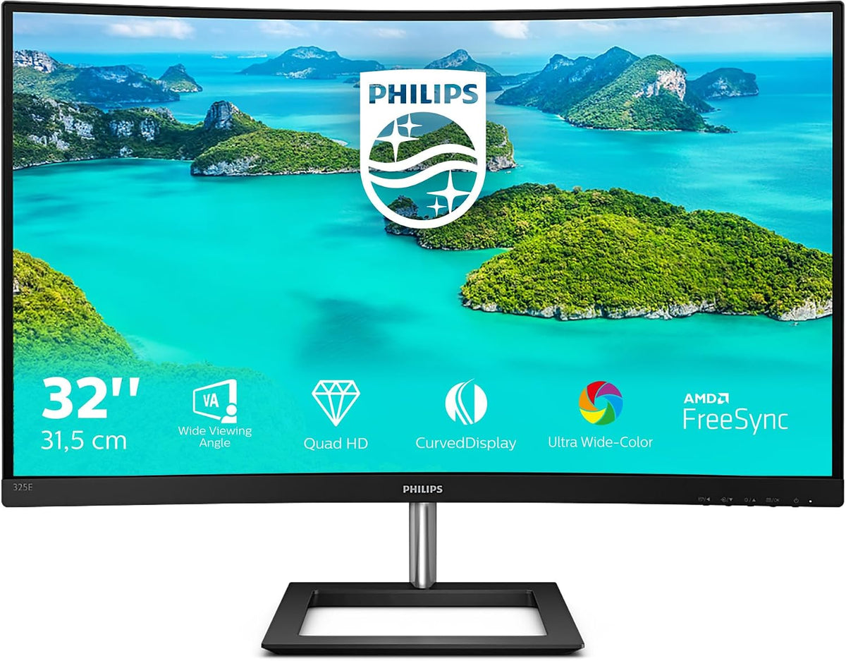 Philips 325E1C- 32 inch QHD Curved Monitor, 75Hz, 4ms, VA, AMD FreeSync, Flicker Free, Smart Image (2560 x 1440, 250 cd/m², HDMI 1.4/VGA/.DP 1.2) — Black