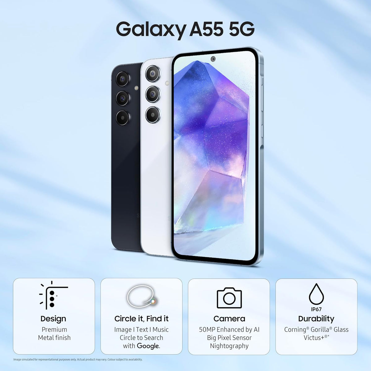 Samsung Galaxy A55 5G (Awesome Iceblue, 8GB RAM, 128GB Storage) | AI Mobile | 50MP Main Camera (OIS) | Super HDR Video| Nightography | IP67 | Gorilla Glass Victus+ | sAMOLED | Gaming Smartphone