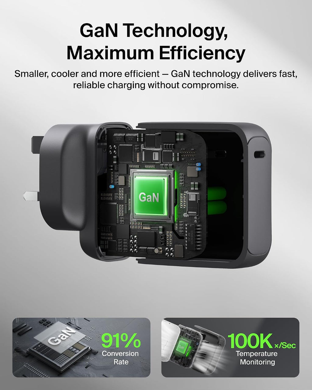 Belkin BoostCharge USB C Plug Charger 100W, GaN Compact and Foldable Plug Charger, Fast Charging for iPhone 17, Samsung Galaxy S26, Pixel 10, AirPods, Tablet, MacBook, Chromebook - Black