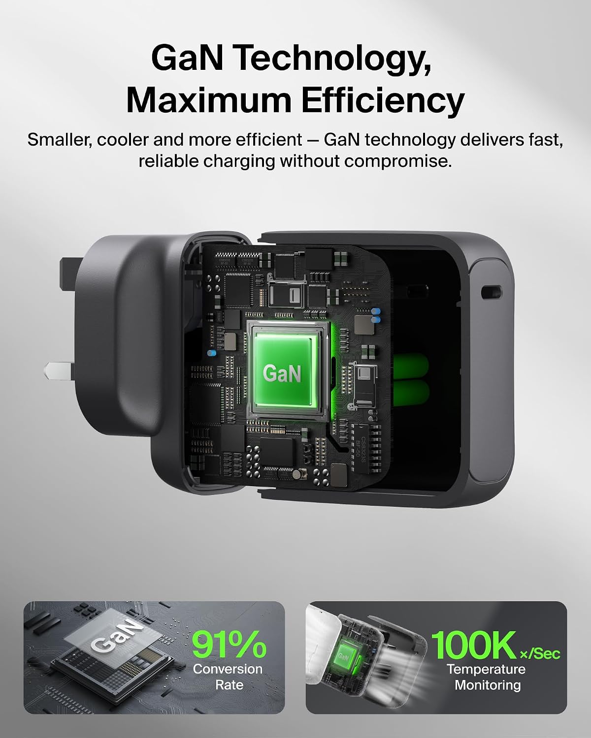 Belkin BoostCharge USB C Plug Charger 100W, GaN Compact and Foldable Plug Charger, Fast Charging for iPhone 17, Samsung Galaxy S26, Pixel 10, AirPods, Tablet, MacBook, Chromebook - Black