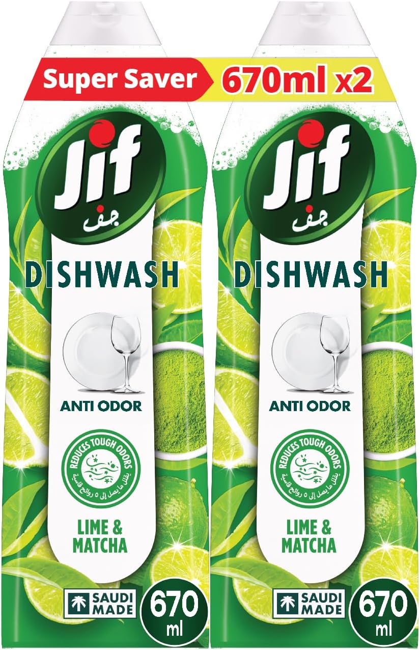JIF Anti Odor Dishwashing Liquid, Lime & Matcha Tea, 670ml x 2 — front product image