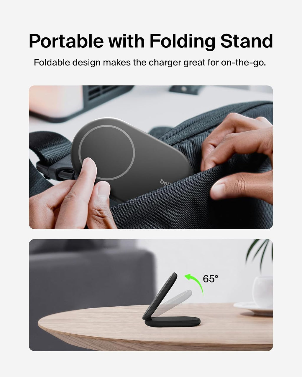 Belkin BoostCharge MagSafe Charger, Magnetic Foldable Wireless Charging Stand 15W, MagSafe-Compatible Portable Fast Charger for Qi2, iPhone 17, Air, Pixelsnap, Standy Mode Ready, PSU Included - Black
