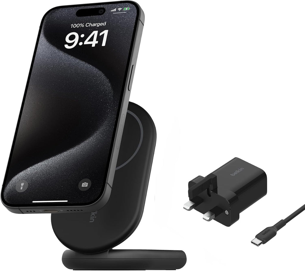 Belkin BoostCharge MagSafe Charger, Magnetic Foldable Wireless Charging Stand 15W, MagSafe-Compatible Portable Fast Charger for Qi2, iPhone 17, Air, Pixelsnap, Standy Mode Ready, PSU Included - Black