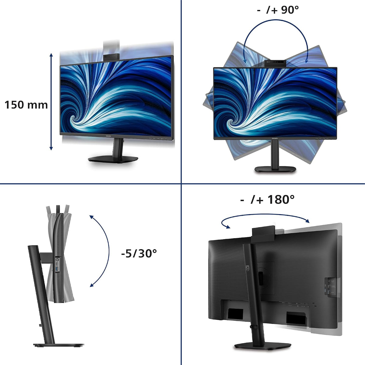 Philips Monitor 27B2N3500JH 27 Inch 120Hz IPS Panel, 4ms GtG, Height Adjustable, Webcam, Speakers, USB Hub (2560x1440 HDMI 2X 2.1 TMDS DP 1x 1.2) Black — Black
