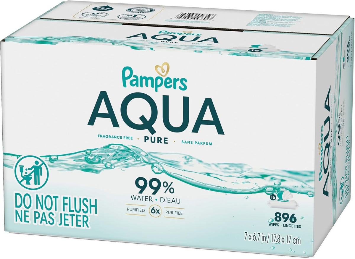 Pampers Aqua Pure Sensitive Baby Wipes, 99% Water, Hypoallergenic, Unscented (896 Count, 16 Flip-Top Packs)
