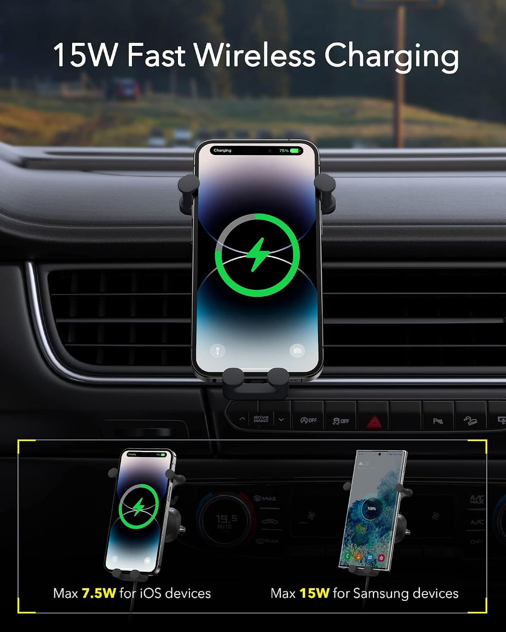 Baseus Stable Gravitational 15W Wireless Car Charger, Rotatable Phone Holder for Air Vent, Car Phone Mount — Wireless-Auto Lock (SG) — Black