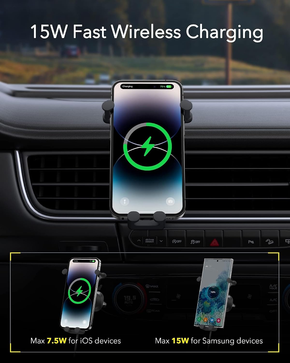 Baseus Stable Gravitational 15W Wireless Car Charger, Rotatable Phone Holder for Air Vent, Car Phone Mount — Wireless-Auto Lock (SG) — Black
