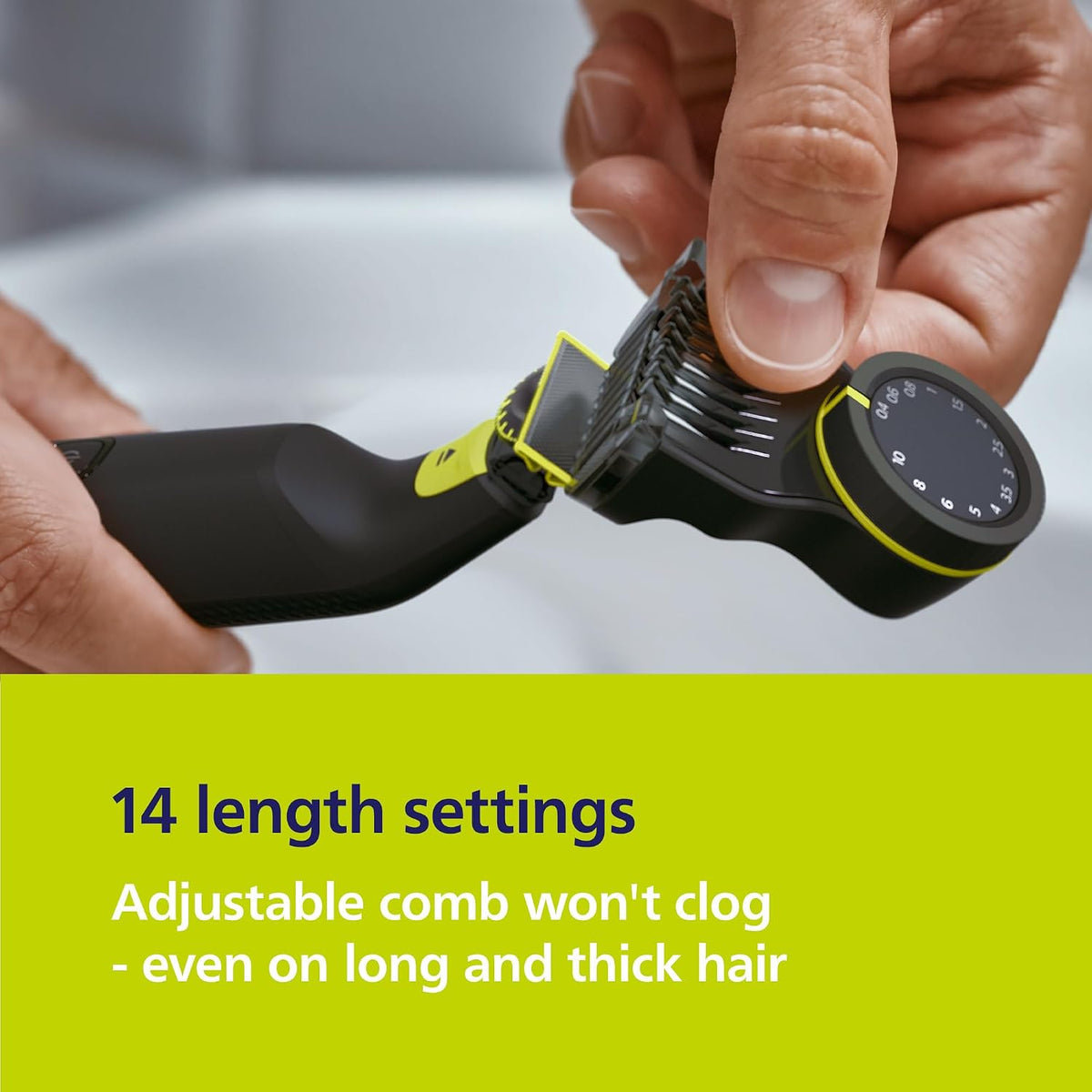 Philips Norelco Philips OneBlade Pro 360 Face + Body, Electric Shaver, Beard Trimmer and Body Groomer, with 360 Blade Technology, 14-Length Precision Comb, Body Kit, Soft Pouch, Model QP6542/70 — Black/Lime Green