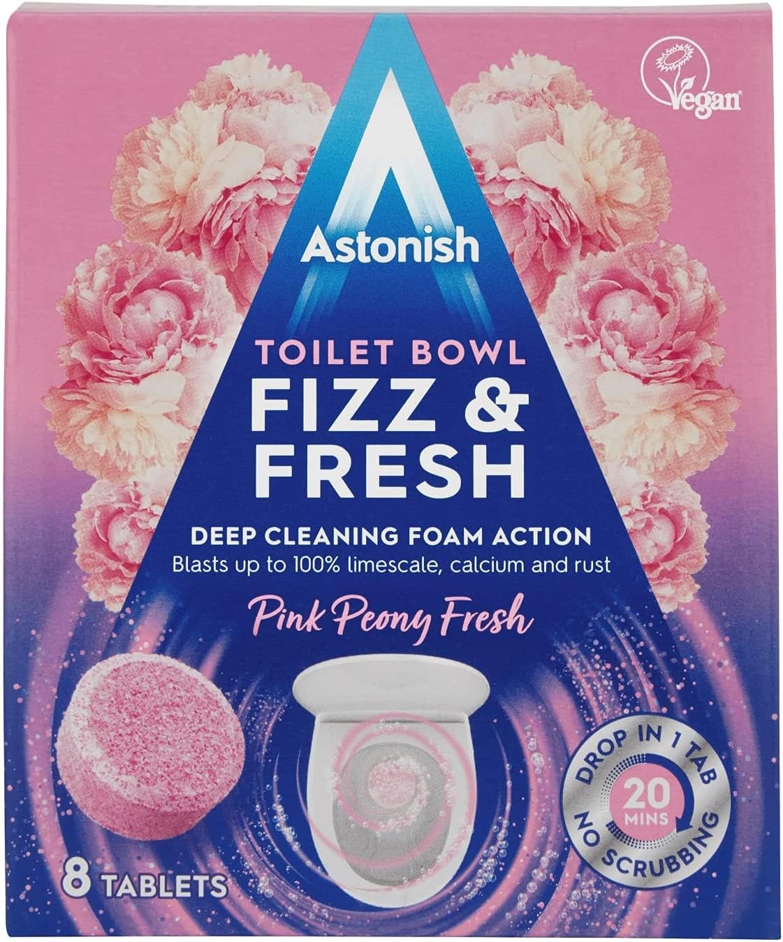 Astonish Toilet Bowl Fizz & Fresh Cleaning Tabs - Peony - Deep Cleaning Foam Action - Removes Depostis of Limescale, Calcium & Rust - No Scrubbing- Vegan - Cruelty Free - 8 Tablets — front product image