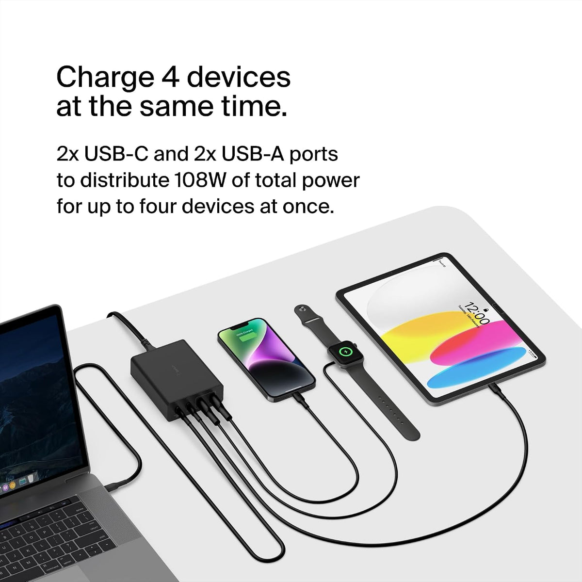 Belkin 108W GaN USB Charging Station for Multiple Devices, 2 USB Type C and 2 USB A Fast Desktop Charger Dock Hub for MacBook, Pro, Air, iPhone, Plus, Pro, Max, iPad, Samsung Galaxy, Pixel and More