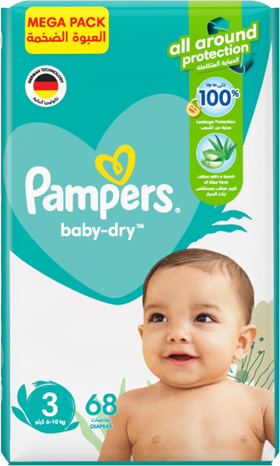 Pampers Baby-Dry Taped Diapers with Aloe Vera Lotion, up to 100% Leakage Protection, Size 3, 6-10kg, 68 Count