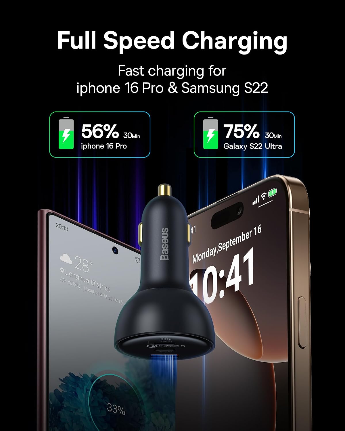 Baseus USB C Car Charger, Baseus 160W USB Car Charger, QC5.0 PD3.0 3 Ports Fast Car Charger Adapter, Cigarette Lighter USB Charger — Grey
