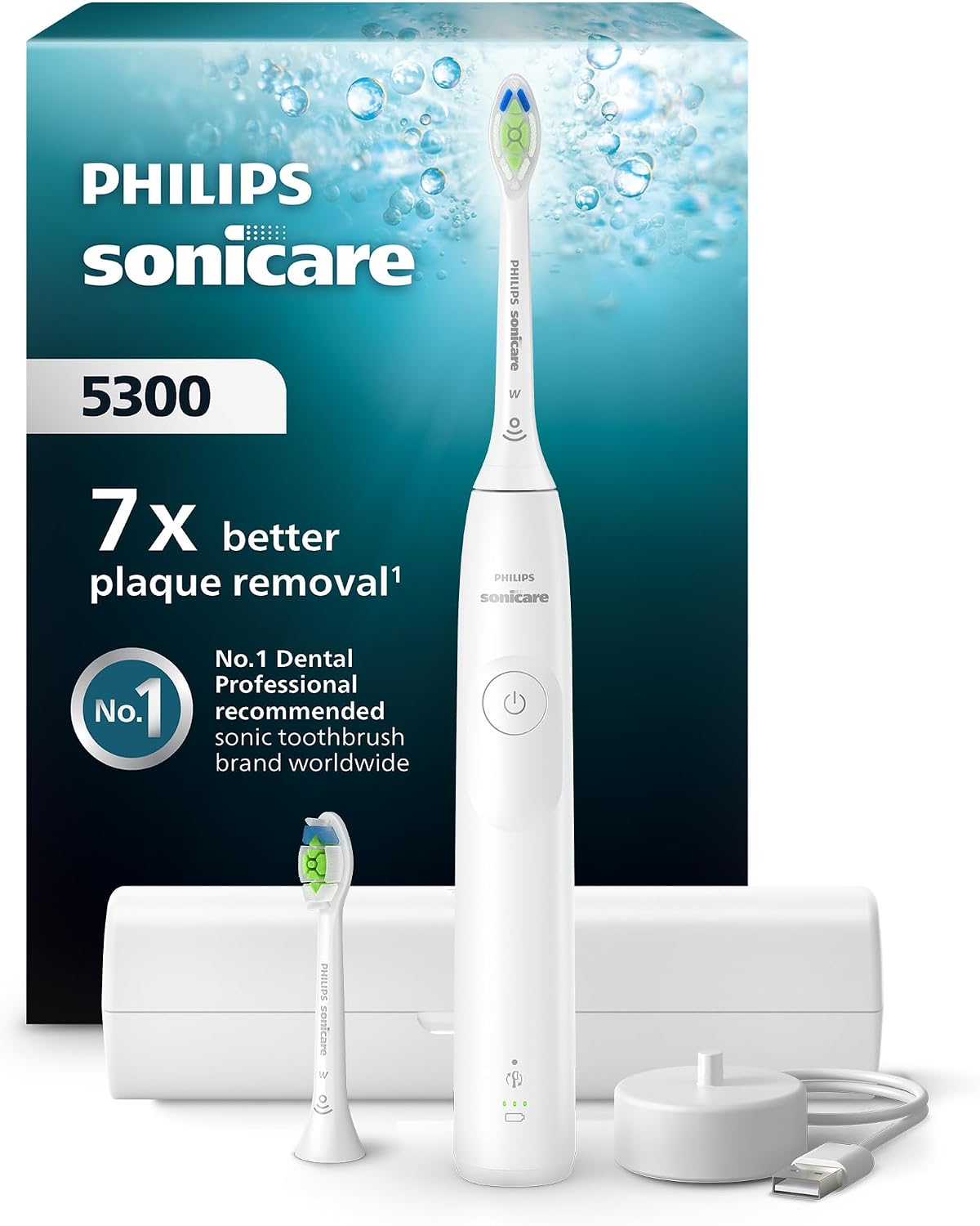 Philips Sonicare 5300 Electric Toothbrush HX7108/03, White, Next-Generation Sonicare Technology, Pressure Sensor, 2 Intensity Levels, Travel Case Included, 2 Brush Heads — White
