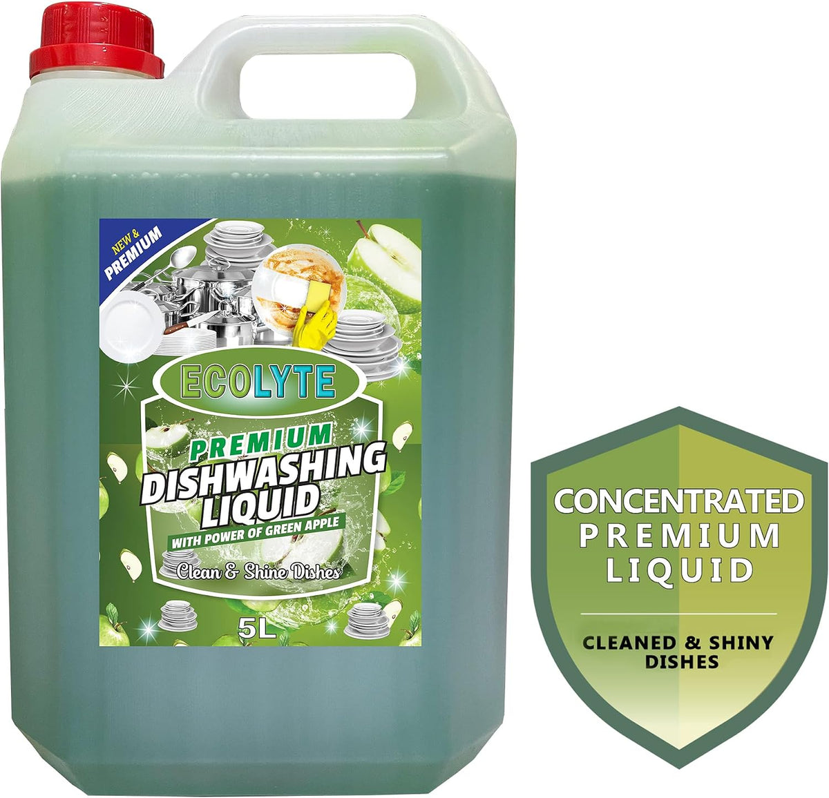 ECOLYTE+ Dishwashing Liquid Soap, Platinum Antibacterial Detergent & Perfect Shine, All Purpose Cleaner, Leaves No Residue, Kitchen Cleaner, Removes Grease & Oil - (Green Apple, 5 Liter) — additional view 2