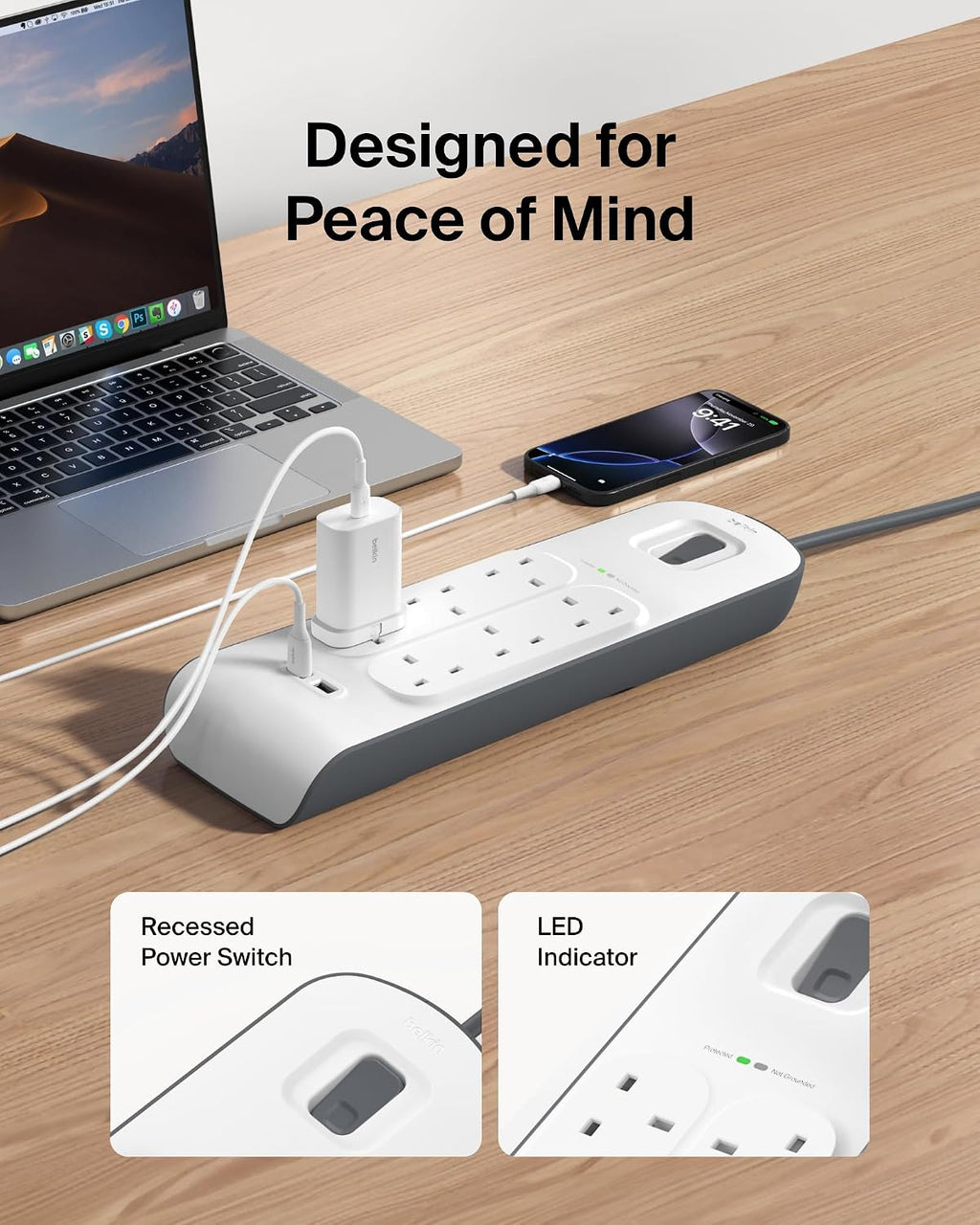 Belkin 6 Way 2 Meter Surge Protection Strip with 2 x 2.4 Ampere USB Charging
