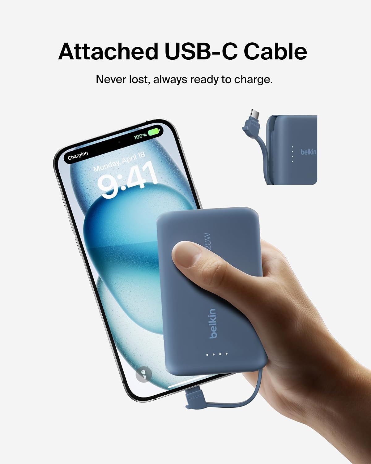 Belkin BoostCharge 10000mAh Power Bank with Integrated USB-C Cable - Blue