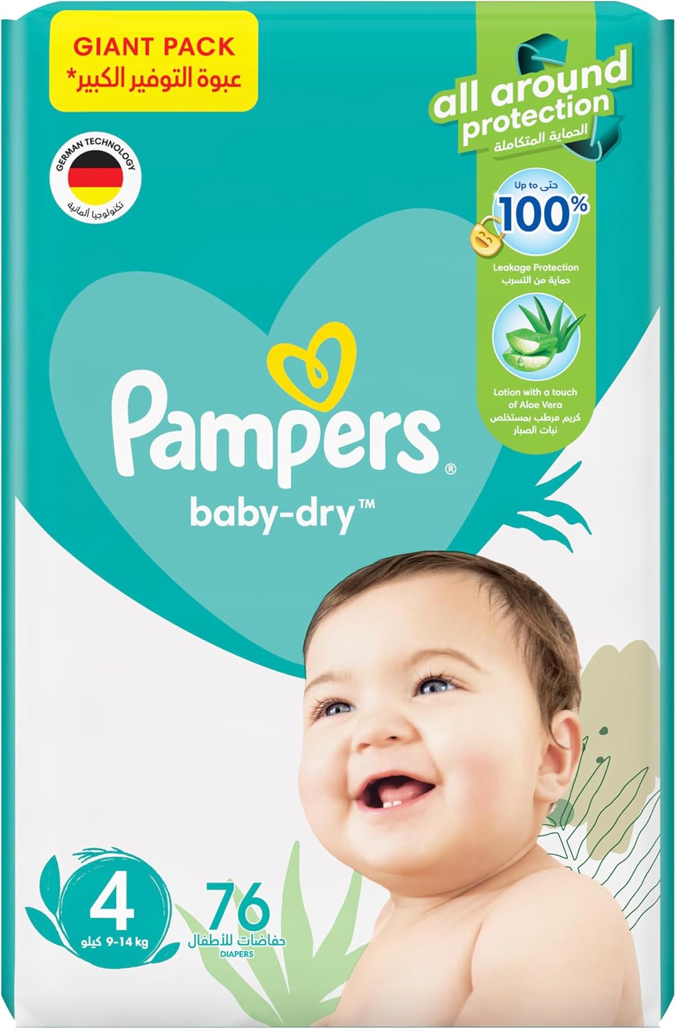 Pampers Baby-Dry Taped Diapers with Aloe Vera Lotion, up to 100% Leakage Protection, Size 4, 9-14kg, 76 Count