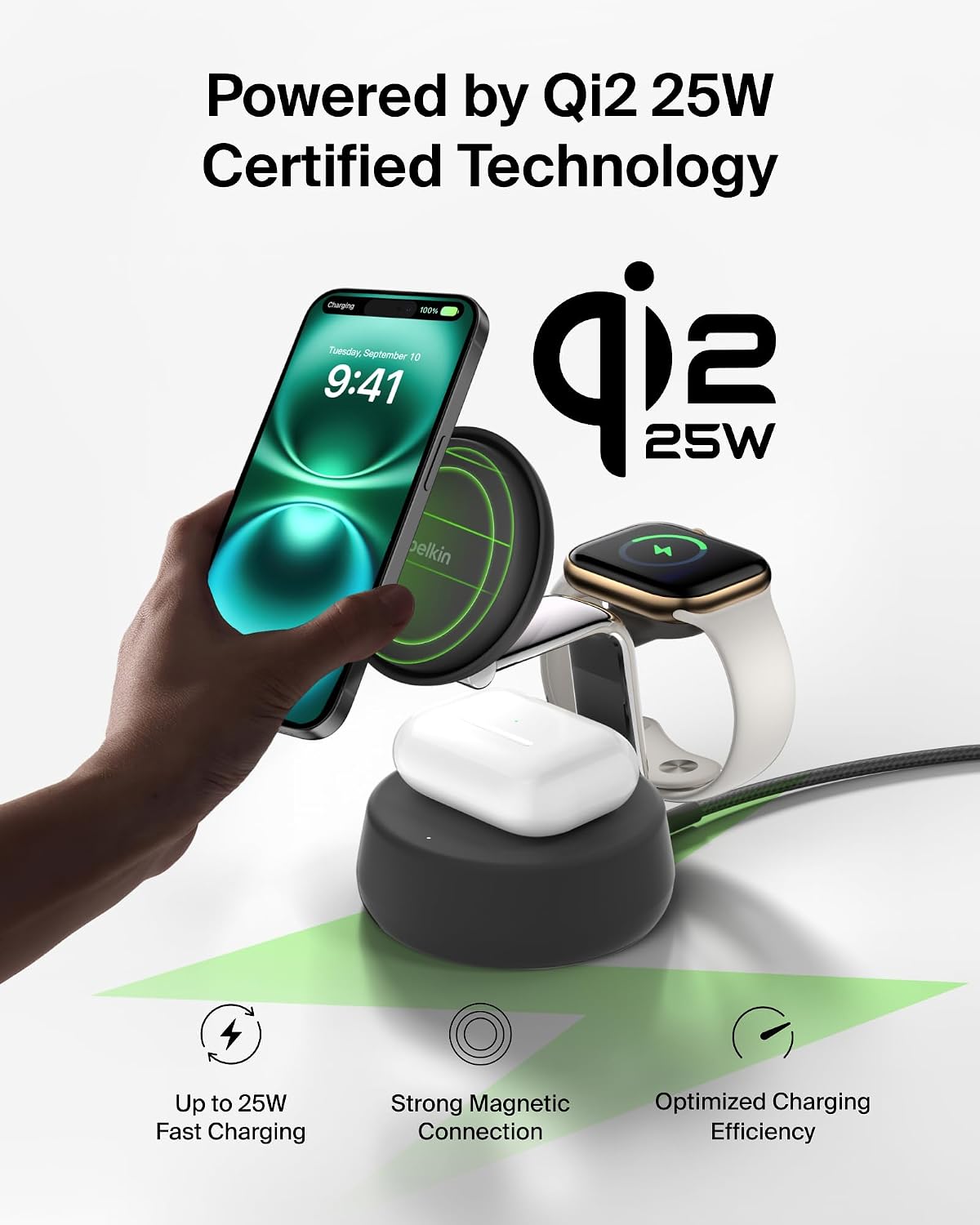 Belkin UltraCharge Pro 25W 3 in 1 Wireless Charging Station, Qi2.2 - Black