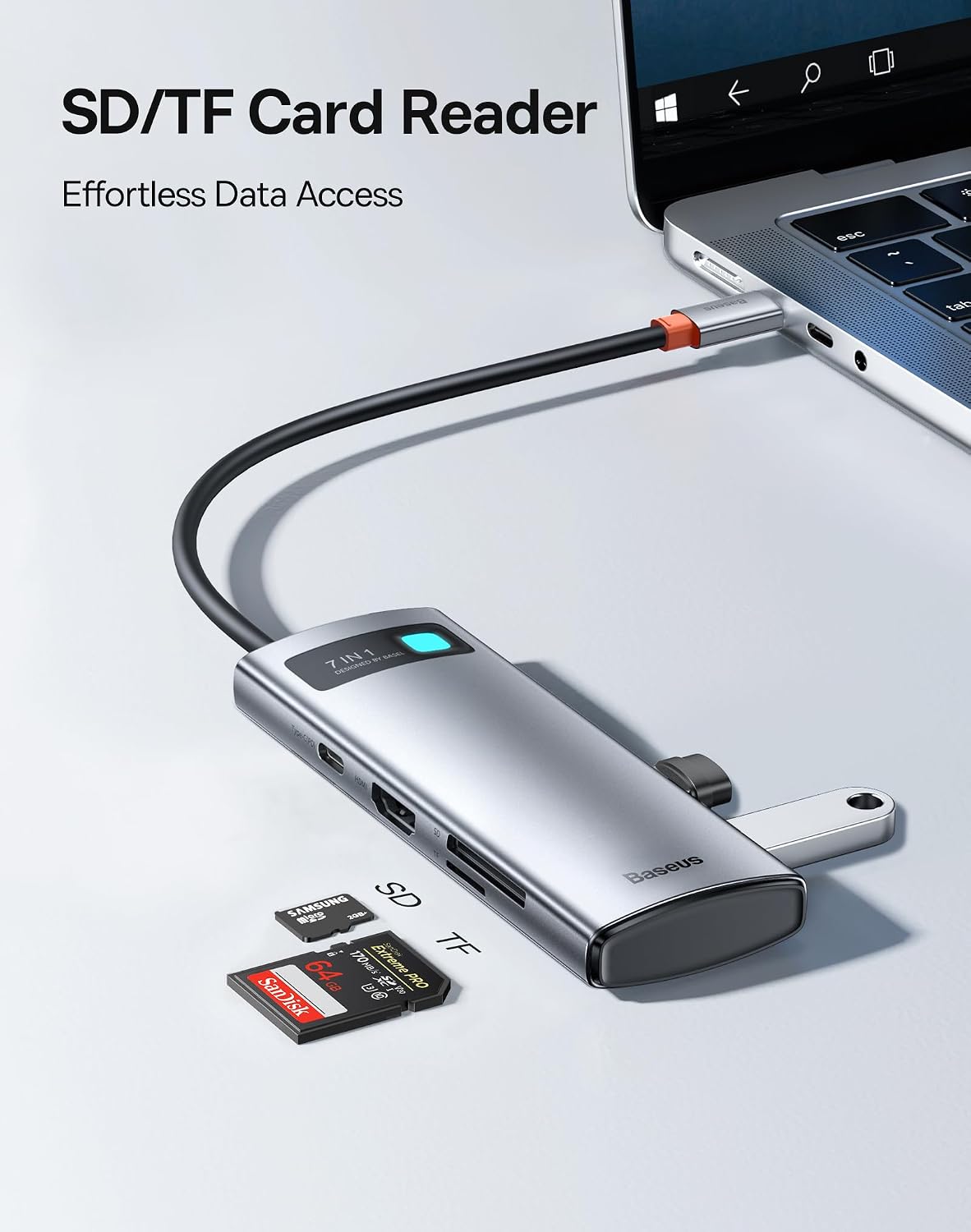Baseus USB C Hub 7 in 1 Docking Station Adapter with 4K HDMI, 100W PD, 2 USB 3.0 5Gbps, 1 USB C, SD/TF Card Reader — 7 in 1 5Gbps — Silver
